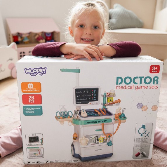 WOOPIE Gydytojo vežimėlis Mažas gydytojas EKG garsas Šviesa Reguliuojamas 26 vnt.
