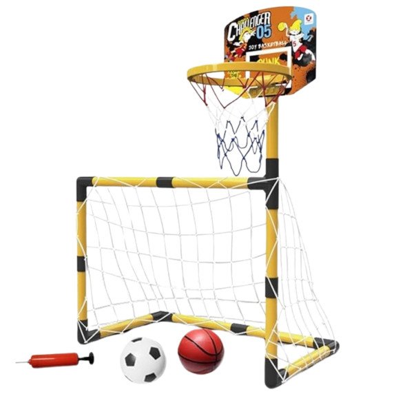 WOOPIE 2-in-1 Krepšinio rinkinys: Futbolo vartai + kamuoliai ir pompa