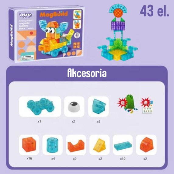 WOOPIE Skaidrūs magnetiniai statybiniai blokai, 43 vnt.