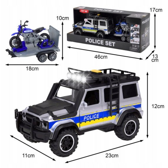 WOOPIE policijos tereninis automobilis su motociklo priekaba rinkinys