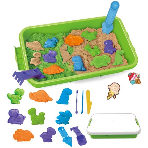 WOOPIE Kinetic Sand 1,5 kg rinkinys XXL Gyvūnai ZOO Safari stalas su formomis