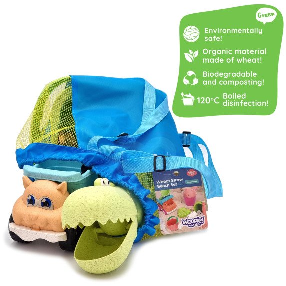 Žalioji WOOPIE Smėlio rinkinys su kibiru ir kastuvu Kroko kuoliuku kuprineje, 10 dalių. BIOLOGIŠKAI SKALINGAS MATERIALIZUOTAS