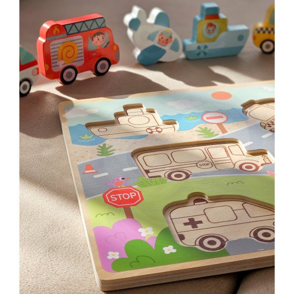 TOOKY TOY Mediniai Montessori galvosūkiai Transporto priemonės Automobiliai Lėktuvas Laivas Miestas Atitikimas Formos