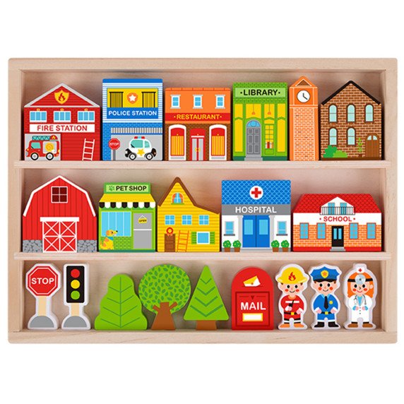 TOOKY TOY Medinis Pastatų ir Figūrų Miesto Rinkinys
