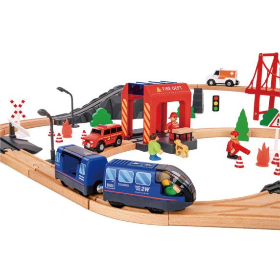 Tooky Toy Medinis Elektrinis Traukinys Gaisrinės Gelbėjimo Pareigūnų Garso Efektai 70 vnt. FSC