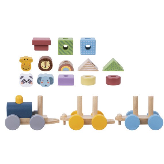 TOOKY TOY Medinis traukinys su gyvūnų blokais Montessori galvosūkiui