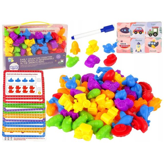 WOOPIE Montessori mokomasis rinkinys skaičiuoti, rūšiuoti spalvas, transporto priemonės 83 vnt.
