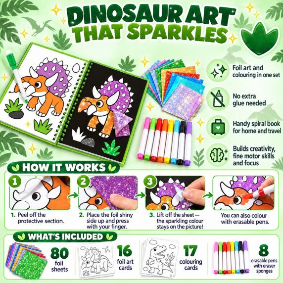 WOOPIE Meno Rinkinys Folija Koliažo Spalvinimo Knyga Dinosauras 121 vnt.