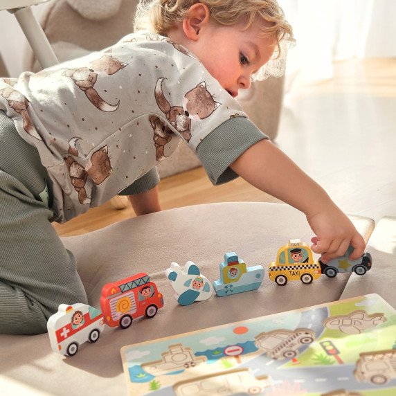 TOOKY TOY Mediniai Montessori galvosūkiai Transporto priemonės Automobiliai Lėktuvas Laivas Miestas Atitikimas Formos