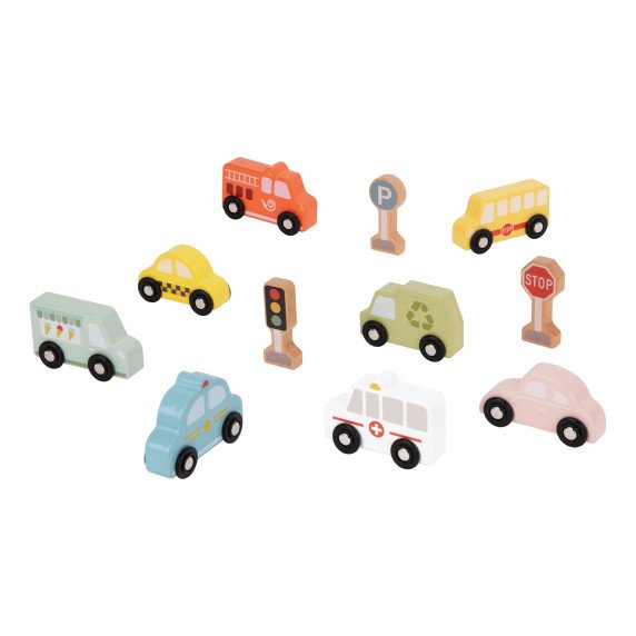 TOOKY TOY rinkinys iš medinių transporto priemonių ir eismo ženklų dėžutėje