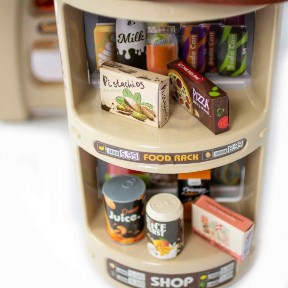 WOOPIE parduotuvės supermarketo vežimėlis pinigų skaičiuoklis Judami elementai + 65 priedų.
