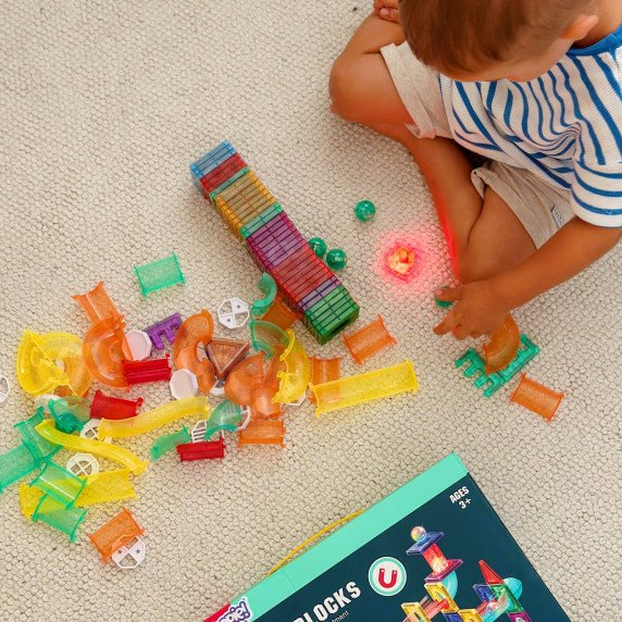 WOOPIE Magnetinė konstrukcijų rinkinio 3D šviesuolių takelio ugdymo lovos 105 vnt.