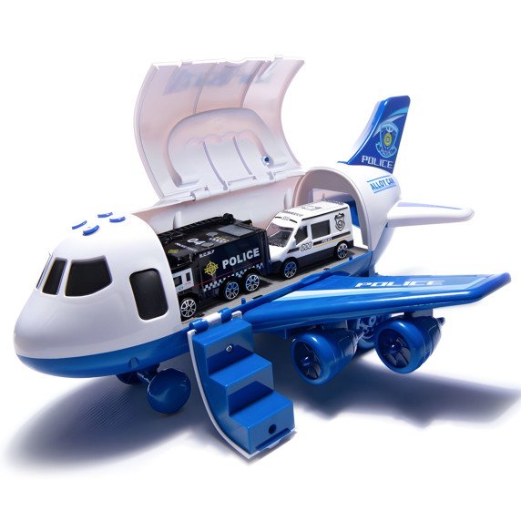 Sulankstomas policijos lėktuvas su 3 policijos automobiliais XL rinkinys Kelių ženklų.