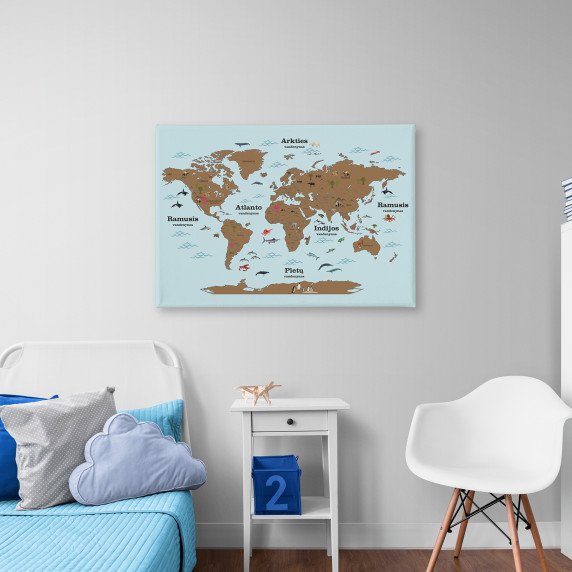 RUDAS PASAULIO ŽEMĖLAPIS SU GYVŪNAIS paveikslas ant drobės