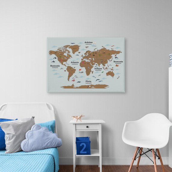 RUDAS PASAULIO ŽEMĖLAPIS SU GYVŪNAIS paveikslas ant drobės