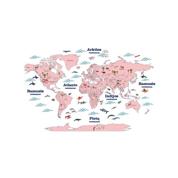 PASAULIO ŠALIŲ ŽEMĖLAPIS SU GYVŪNAIS LIETUVIŲ KALBA Edukacinis sienų lipdukas