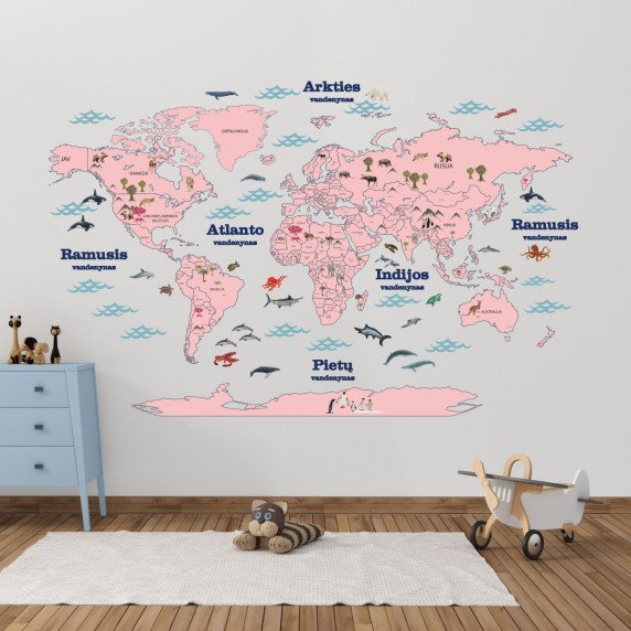 PASAULIO ŠALIŲ ŽEMĖLAPIS SU GYVŪNAIS LIETUVIŲ KALBA Edukacinis sienų lipdukas