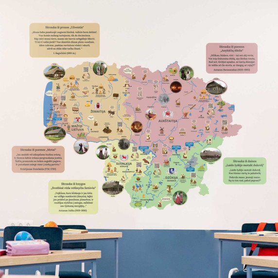 LIETUVOS ETNOGRAFINIS ŽEMĖLAPIS SU TARMĖMIS Edukacinis sienų lipdukas