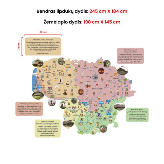 LIETUVOS ETNOGRAFINIS ŽEMĖLAPIS SU TARMĖMIS Edukacinis sienų lipdukas