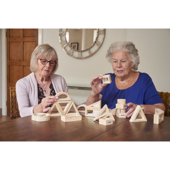 Medinės veidrodinės kaladėlės su dvipusiais akrilo veidrodžiais (24 vnt.)