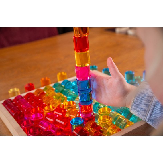 Spalvotų permatomų apskritimų rinkinys su veidrodiniu mediniu padėklu (100 vnt.)