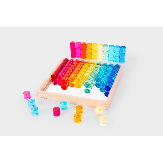 Spalvotų permatomų apskritimų rinkinys su veidrodiniu mediniu padėklu (100 vnt.)