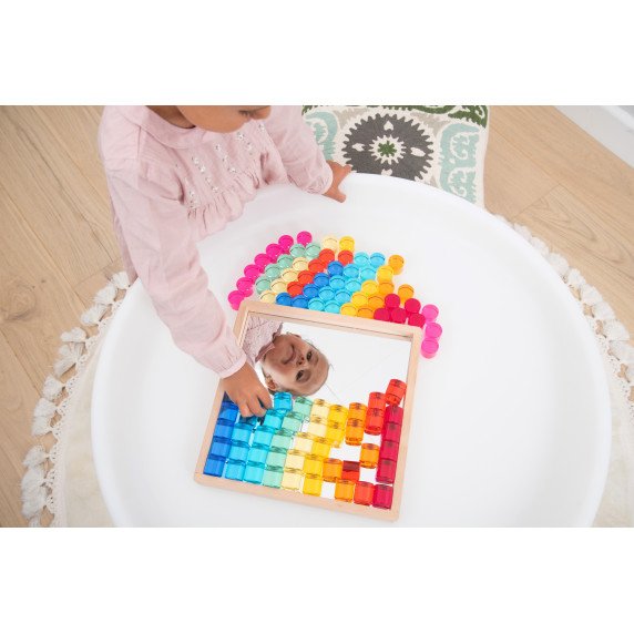 Spalvotų permatomų apskritimų rinkinys su veidrodiniu mediniu padėklu (100 vnt.)