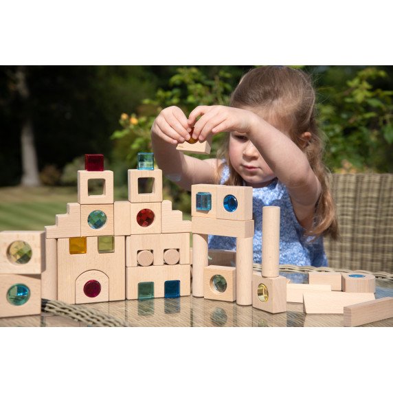 Didelis medinių kaladėlių rinkinys su skaidriais blokeliais (82 vnt.)