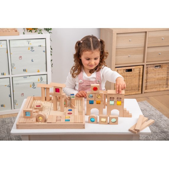 Didelis medinių kaladėlių rinkinys su skaidriais blokeliais (82 vnt.)