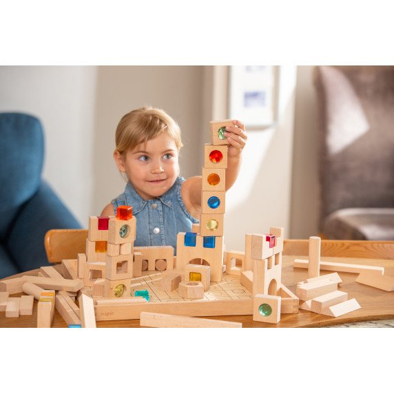 Didelis medinių kaladėlių rinkinys su skaidriais blokeliais (82 vnt.)