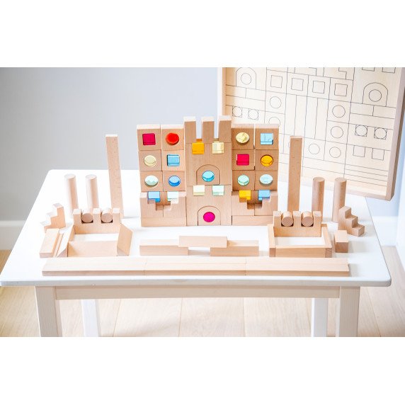 Didelis medinių kaladėlių rinkinys su skaidriais blokeliais (82 vnt.)