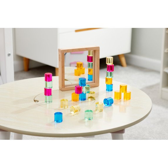 Spalvotų akrilinių apskritimų rinkinys su veidrodiniu mediniu padėklu (25 vnt.)